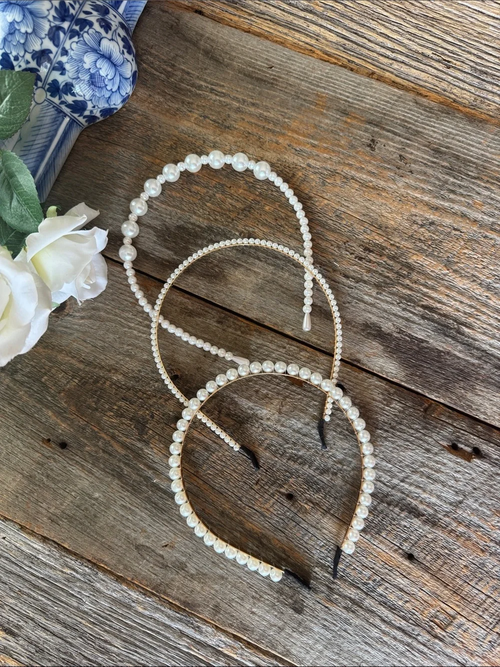 Set of 3 Faux Pearl Headbands – Gold Tone Metal Hair Accessories